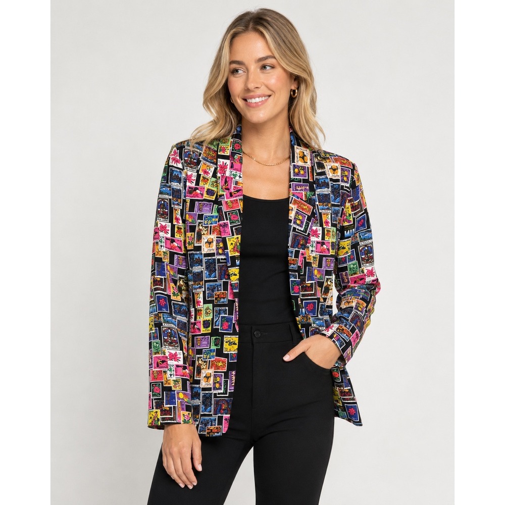 Ann Taylor Blazer Women 10 Multicolor Postage Stamp Print Studio Jacket